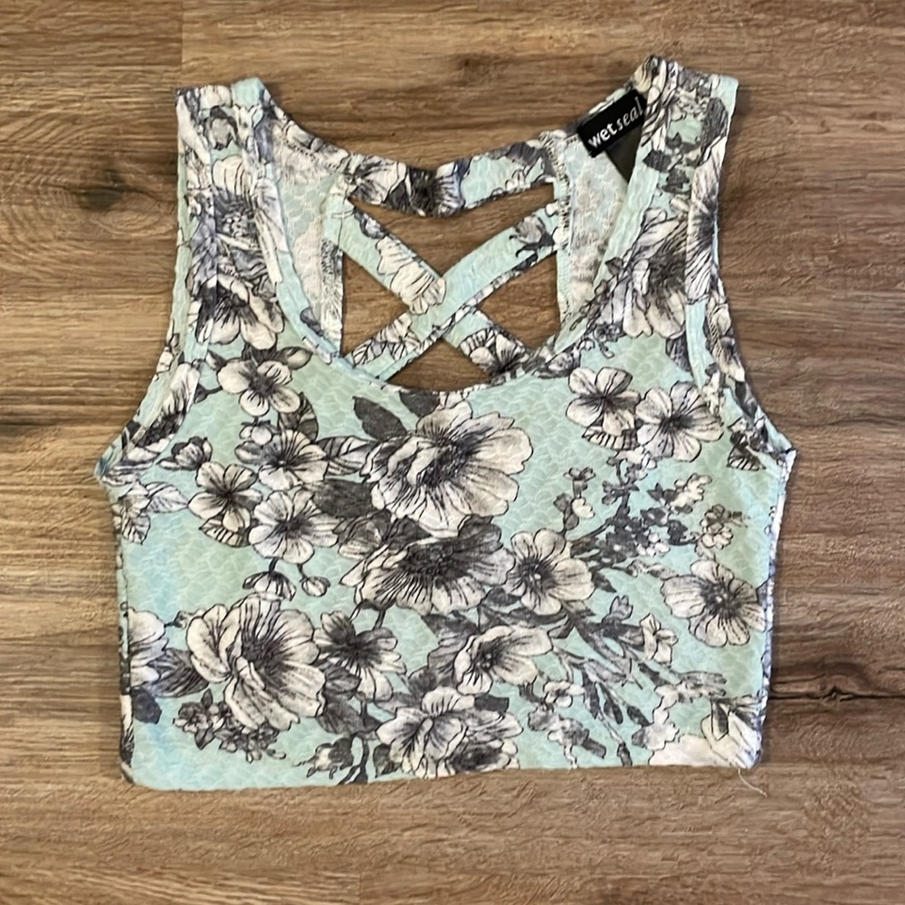 Wet Seal Seafoam Cropped Floral Tank Top with Open Back Crisscross Detail